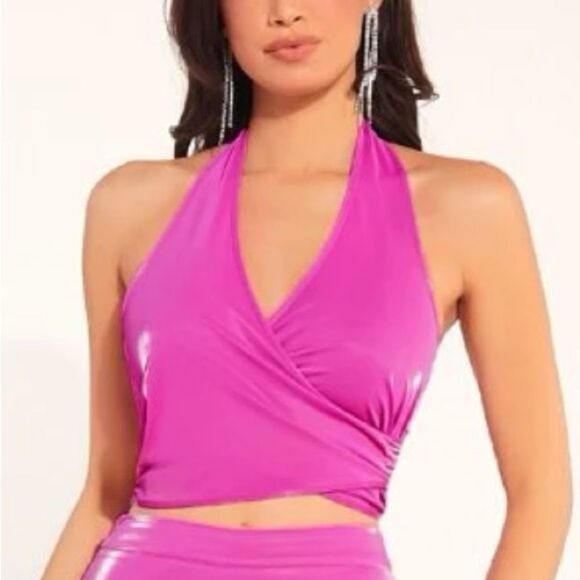 None Tops - Pink Vegan Leather Festival Criss Cross Wrap Backless Halter Crop Top